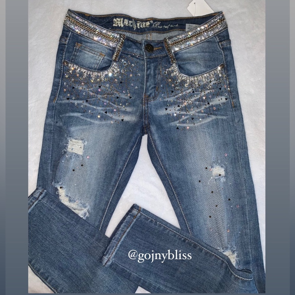 Machine Nouvelle Mode • Distressed Embellished Blue Jeans Womens Size 1 Waist 26